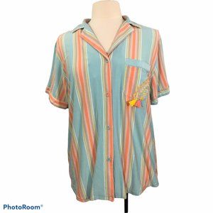 Matilda Jane Soft Blue Orange Button Front Short Sleeve Shirt, Top, Embroidery‎